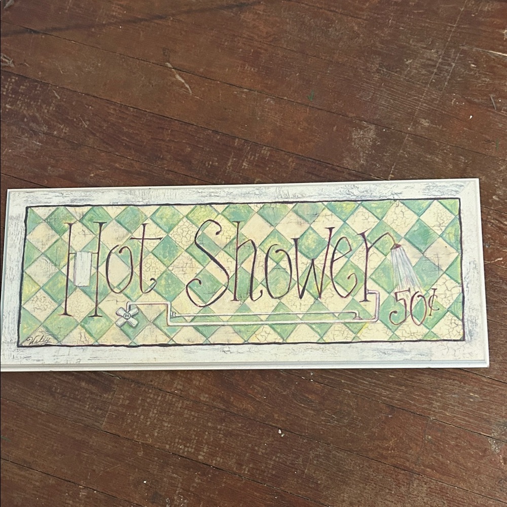 Hot Shower Wood Wall Art Sign - Green and Cream Checkerboard